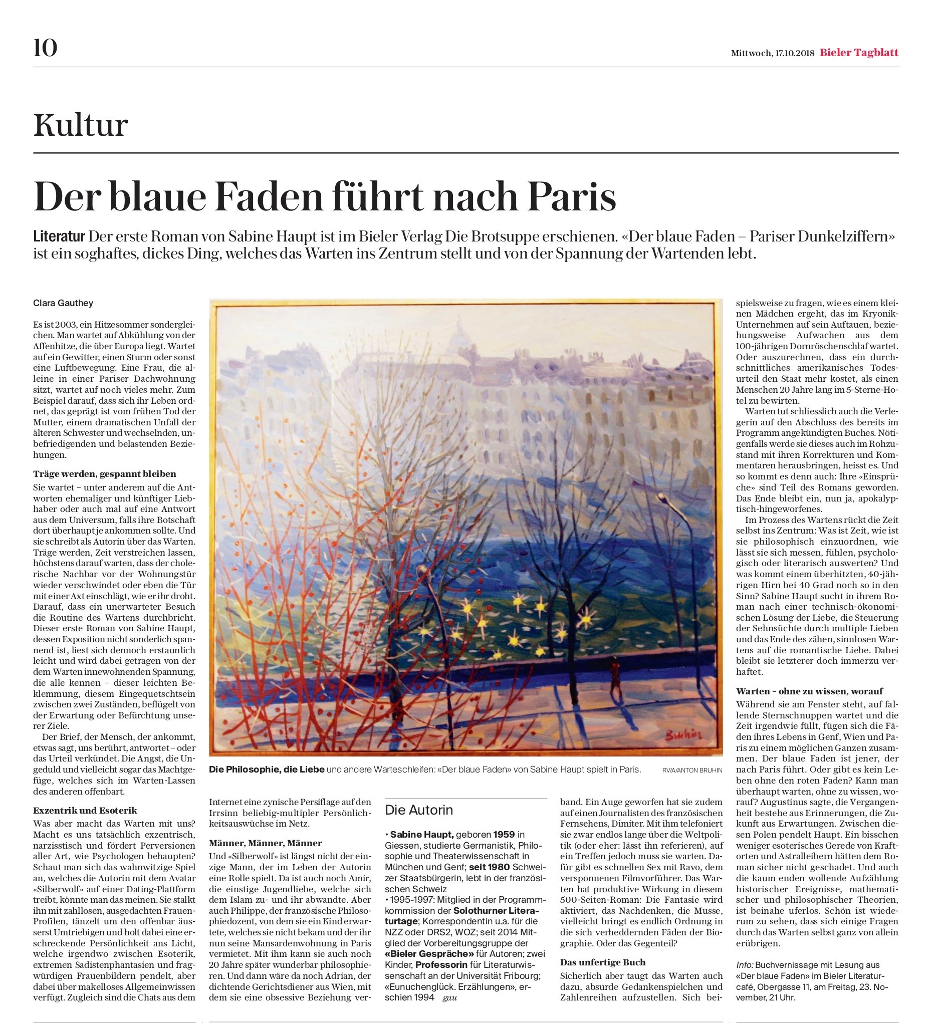 Bieler Tagblatt, 17.10.2018
Rezension zu "Der blaue Faden"