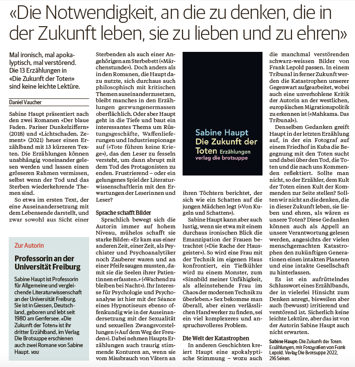 Freiburger Nachrichten, 10.1.2023
Rezension zu "Die Zukunft der Toten"