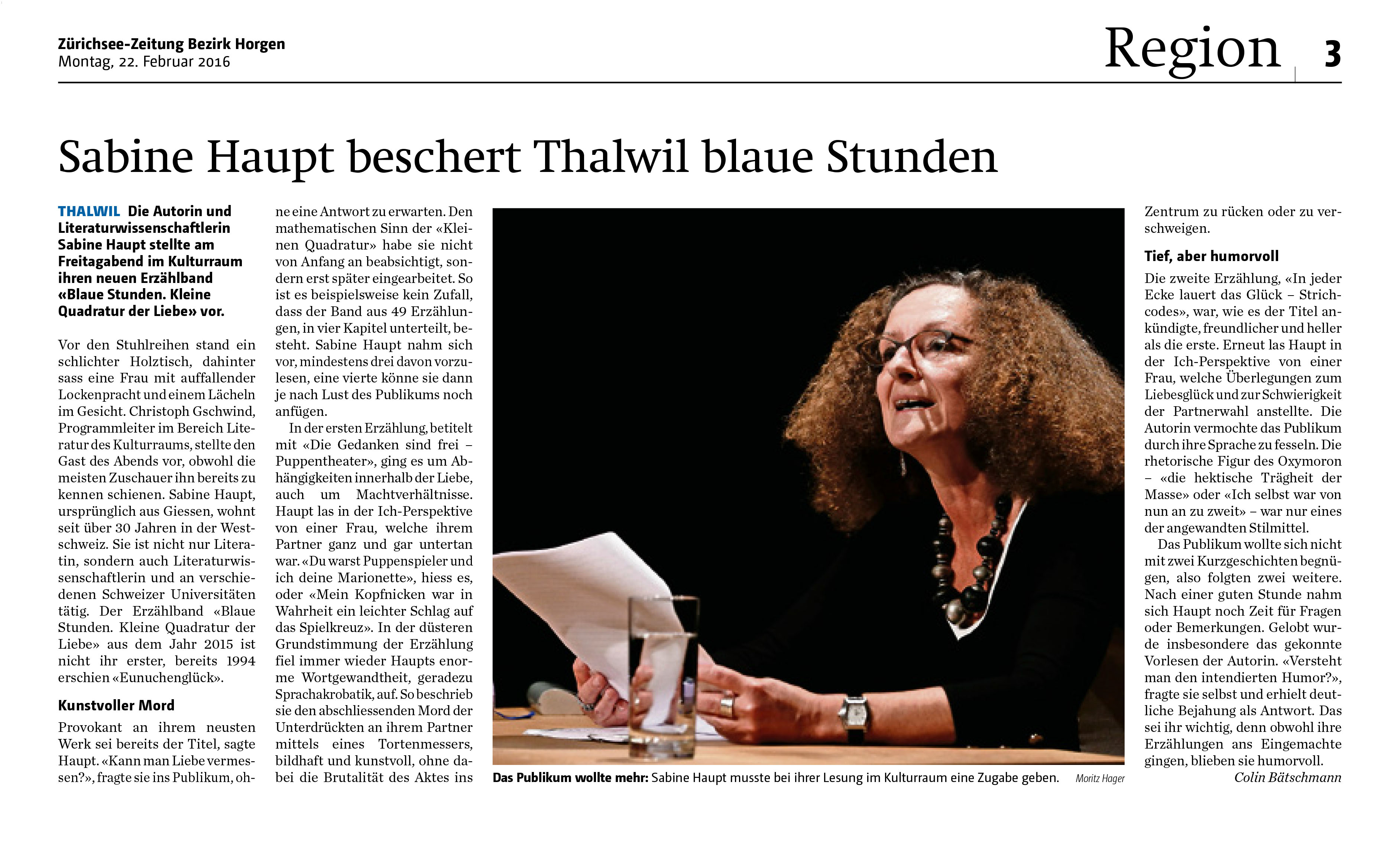 Bericht von einer Lesung in Thalwil, Colin Bätschmann, Zürichseezeitung, 22.2.2016